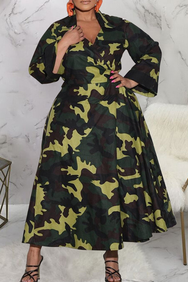 Camouflage Street Print Patchwork Strap Design V Neck A Line Plus Size Dresses