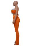 Tangerine Red Sexy Casual Patchwork See-Through Backless Slit Spaghetti Strap Sleeveless Two Pieces