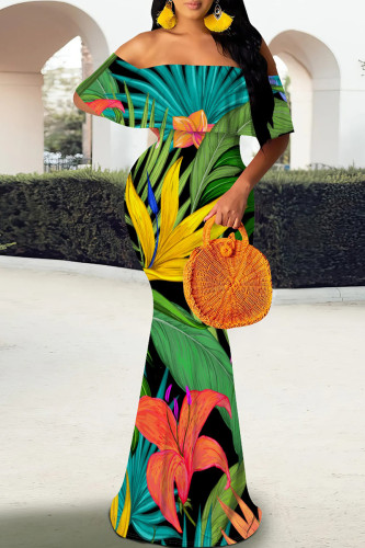 Green Yellow Tropical Print Off Shoulder Long Flutter Sleeve Mermaid Hem Vacation Boho Style Maxi Dresses
