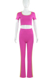 Rose Red Sportwear Casual U Neck Short Sleeve Crop Tops And Skinny Pants Two Pieces Trouser Sets