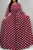 Burgundy Elegant Print Patchwork Strap Design O Neck A Line Dresses