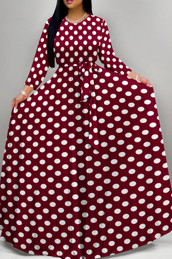 Burgundy Elegant Print Patchwork Strap Design O Neck A Line Dresses