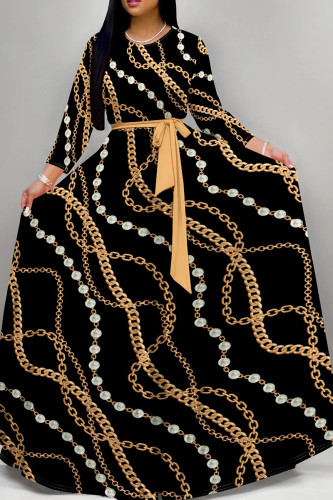 Black Gold Elegant Print Patchwork Strap Design O Neck A Line Dresses