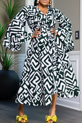 Black Street Print Patchwork Strap Design V Neck A Line Plus Size Dresses