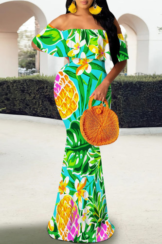 Green Tropical Print Off Shoulder Long Flutter Sleeve Mermaid Hem Vacation Boho Style Maxi Dresses