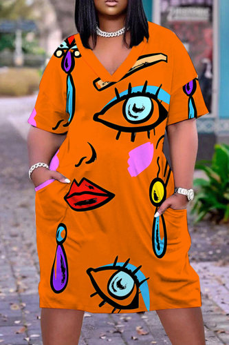Orange Casual Graphics Print Basic V Neck Short Sleeve Loose Pockets Midi T-Shirt Dress