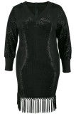 Black Street Solid Color Fringed Trim Sequins Patchwork Zipper V Neck Wrapped Skirt Plus Size Dresses