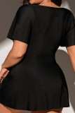Black Square Neck Short Sleeve Crop Tops Draw String A Line Mini Skirt Beach Vacation Plus Size Swimwear(Two Pieces)