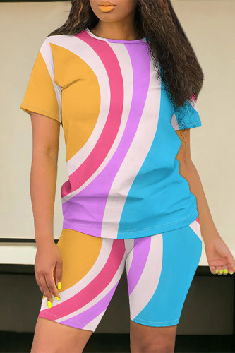 Multi-color Casual Striped Print O Neck Short Sleeve Oversize T-shirt And Shorts Two Pieces Shorts Sets