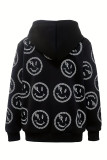 Black Casual Smiley Face Print Patchwork Zipper Zipper Collar Tops