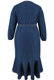 Deep Blue Long Sleeve V Neck With Belt Strap Design Ruffled Trim Irregular Hem Vacation Plus Size Denim Midi Dresses