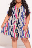 Green Casual Boho National Totem Geometric Print V Neck Short Sleeve Ruffle Hem Vacation Plus Size A Line Mini Dresses