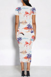 White Elegant Floral Print Chain print O Neck Printed Dresses