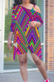 Blue White Casual Graphics Print Sloping Shoulder Irregular Hollow Out T-shirt And Shorts Plus Size Two Pieces Shorts Sets