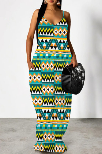 Green Geometric Print Backless Spaghetti Strap Pocket Floor Length Vacation Baggy Sundress Slip Maxi Dress