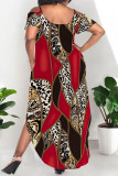 Camouflage Casual Graphcis Print Backless Cold Shoulder Short Sleeve U Neck Side Slit Irregular Hem Pocket Vacation Plus Size Maxi Dresses