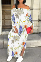 White Blue Casual Street Floral Print Slit Contrast Off Shoulder Printed Dresses