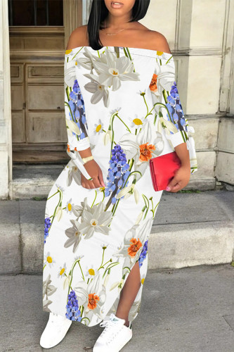 White Blue Casual Street Floral Print Slit Contrast Off Shoulder Printed Dresses