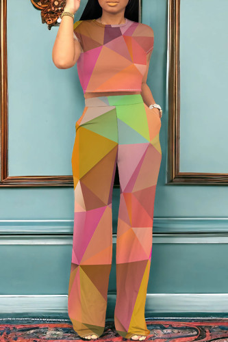 Colour Casual Graphics Print O Neck Short Sleeve Vacation Crop Tops And Wide Leg Pants Two Pieces Trouser Set