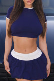 Deep Blue Sportwear Casual O Neck Short Sleeve Crop Tops And Pleated Mini Skirt Two Pieces Tennic Dress Sets