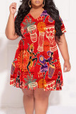 Green Casual Boho National Totem Geometric Print V Neck Short Sleeve Ruffle Hem Vacation Plus Size A Line Mini Dresses
