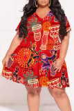 Green Casual Boho National Totem Geometric Print V Neck Short Sleeve Ruffle Hem Vacation Plus Size A Line Mini Dresses