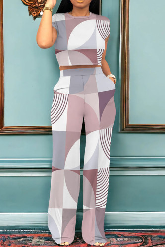 Multicolor Casual Graphics Print O Neck Short Sleeve Vacation Crop Tops And Wide Leg Pants Two Pieces Trouser Set