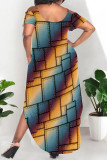 Camouflage Casual Graphcis Print Backless Cold Shoulder Short Sleeve U Neck Side Slit Irregular Hem Pocket Vacation Plus Size Maxi Dresses