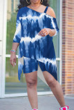 Blue White Casual Graphics Print Sloping Shoulder Irregular Hollow Out T-shirt And Shorts Plus Size Two Pieces Shorts Sets
