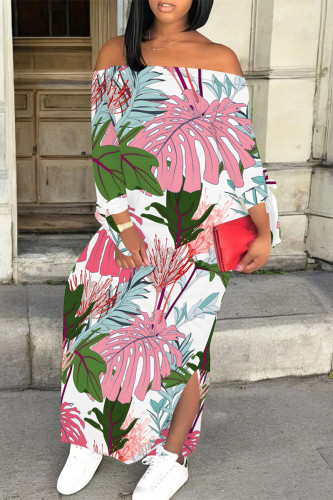 White Pink Casual Street Floral Print Slit Contrast Off Shoulder Printed Dresses
