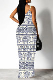 Cream White Geometric Print Backless Spaghetti Strap Pocket Floor Length Vacation Baggy Sundress Slip Maxi Dress