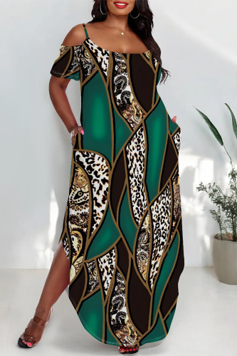 Green Casual Graphcis Print Backless Cold Shoulder Short Sleeve U Neck Side Slit Irregular Hem Pocket Vacation Plus Size Maxi Dresses