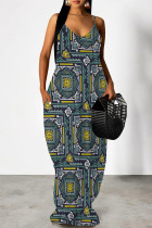 Ink Green Geometric Print Backless Spaghetti Strap Pocket Floor Length Vacation Baggy Sundress Slip Maxi Dress