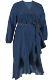 Deep Blue Long Sleeve V Neck With Belt Strap Design Ruffled Trim Irregular Hem Vacation Plus Size Denim Midi Dresses