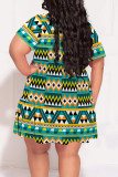 Green Casual Boho National Totem Geometric Print V Neck Short Sleeve Ruffle Hem Vacation Plus Size A Line Mini Dresses