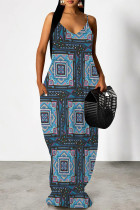 Dark Blue Geometric Print Backless Spaghetti Strap Pocket Floor Length Vacation Baggy Sundress Slip Maxi Dress