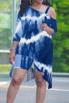 Blue White Casual Graphics Print Sloping Shoulder Irregular Hollow Out T-shirt And Shorts Plus Size Two Pieces Shorts Sets