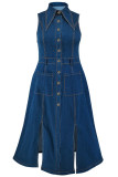 Deep Blue Turndown Collar Sleeveless Long Pocket Buckle Slit Plus Size Denim Midi Dresses
