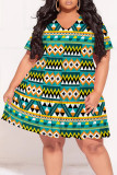 Green Casual Boho National Totem Geometric Print V Neck Short Sleeve Ruffle Hem Vacation Plus Size A Line Mini Dresses