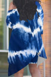Blue White Casual Graphics Print Sloping Shoulder Irregular Hollow Out T-shirt And Shorts Plus Size Two Pieces Shorts Sets