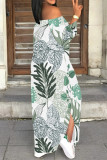 Blue Casual Street Floral Print Slit Contrast Off Shoulder Printed Dresses