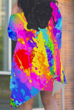 Colour Graphics Print Sloping Shoulder Long Irregular Hem Top And Shorts Vacation Plus Size Two Pieces Short Set