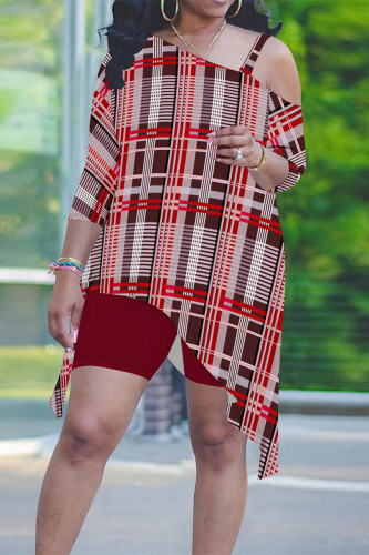 Red Graphics Print Sloping Shoulder Long Irregular Hem Top And Shorts Vacation Plus Size Two Pieces Short Set