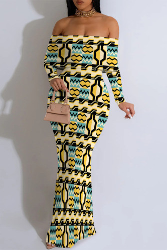 Green Geometric Flowers Print Off Shoulder Long Sleeve One Step Skirt Vacation Bodycon Maxi Dresses