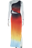 Tangerine Gradient Color Oblique Collar Strap Design Crop Tops And Side Slit Maxi Skirt Vacation Two Pieces Dress Sets