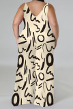 Apricot Casual Graphics Print V Neck Sleeveless Vacation Plus Size Wide Leg Jumpsuits