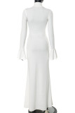 White Elegant Solid Color Patchwork Strap Design Turtleneck Long Dresses