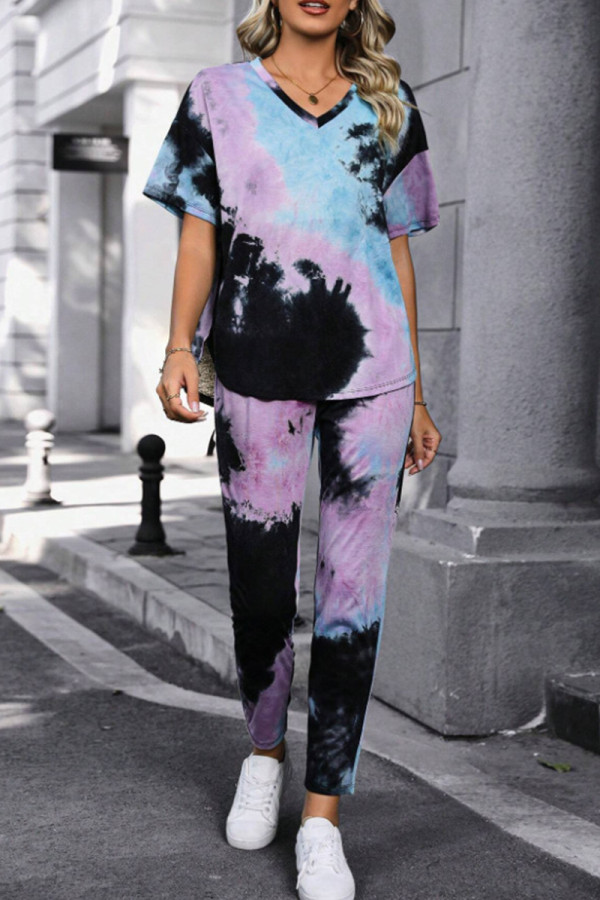 Multicolor Casual Tie Dye Patchwork V Neck Half Sleeve Two Pieces
