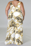 Apricot Casual Graphics Print V Neck Sleeveless Vacation Plus Size Wide Leg Jumpsuits