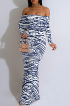 White Blue Geometric Flowers Print Off Shoulder Long Sleeve One Step Skirt Vacation Bodycon Maxi Dresses